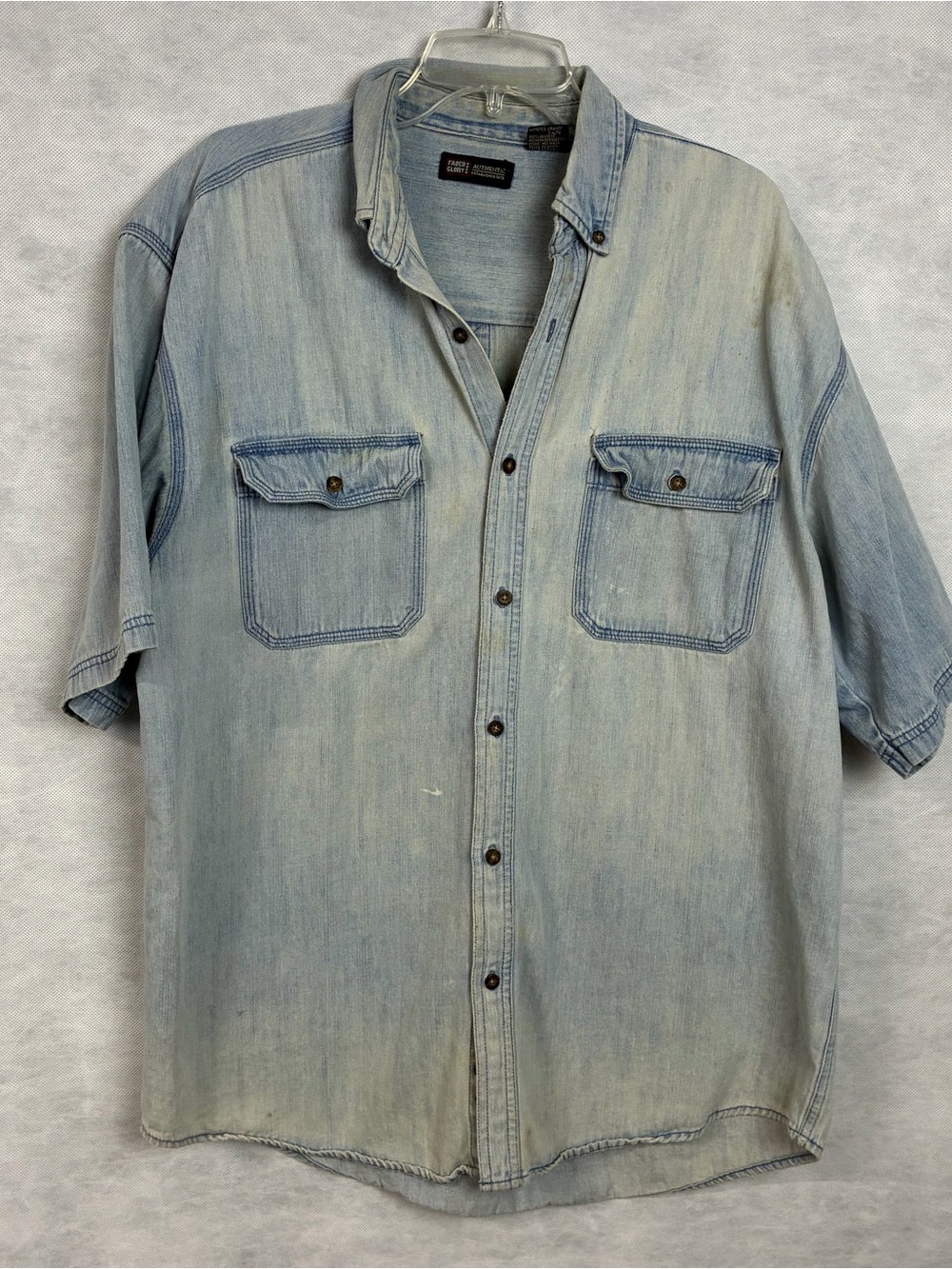 Vtg Faded Glory Shirt Men L Tall Denim Button Down Short Sleeve Cotton Stained